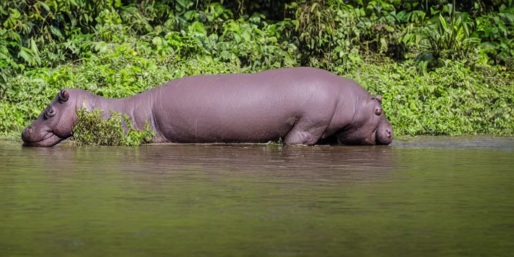 Image similar to a single hippo in a river in the jungle. the hippo has large wings. extremely high fidelity, natural lighting