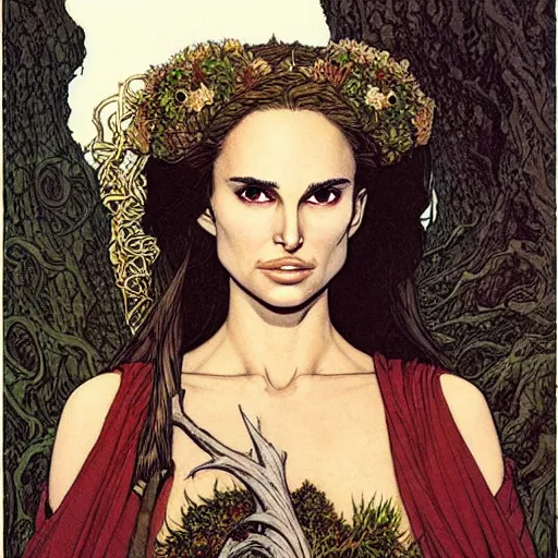 Image similar to a realistic, very beautiful and atmospheric portrait of a young natalie portman as a druidic warrior wizard looking at the camera with an intelligent but seductive gaze by rebecca guay, michael kaluta, charles vess and jean moebius giraud
