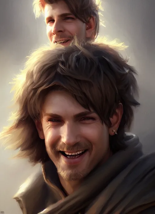 Prompt: a _ fantasy _ style _ portrait _ painting _ of white male short fringe light brown hair short face grinning, rpg dnd oil _ painting _ unreal _ 5 _ daz. _ rpg _ portrait _ extremely _ detailed _ artgerm _ greg _ rutkowski _ greg