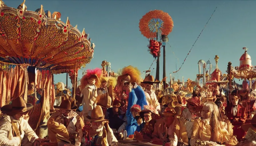 Image similar to movie still by alejandro jodorowsky of a carnival in the desert, cinestill 8 0 0 t eastmancolor technicolor, high quality, very detailed, heavy grain, fine facial features, 8 k, octane render