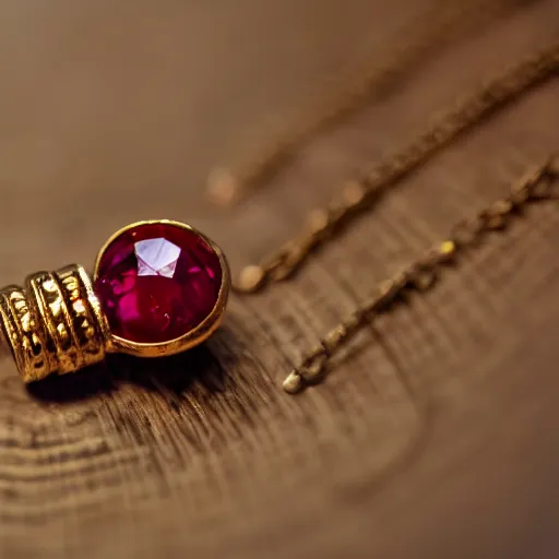 Image similar to macro shot of an intricately detailed!!! golden necklace with an embedded ruby gem, lying on a oak table indoors, sunlit day, f 0. 4