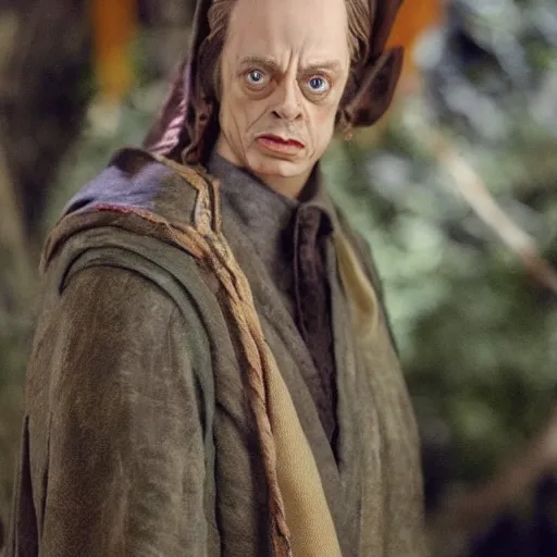 Prompt: Real Stills of wax sculpture Steve Buscemi playing a lord of rings elf in the new upcoming TV show promo ARRIFLEX 435 Camera