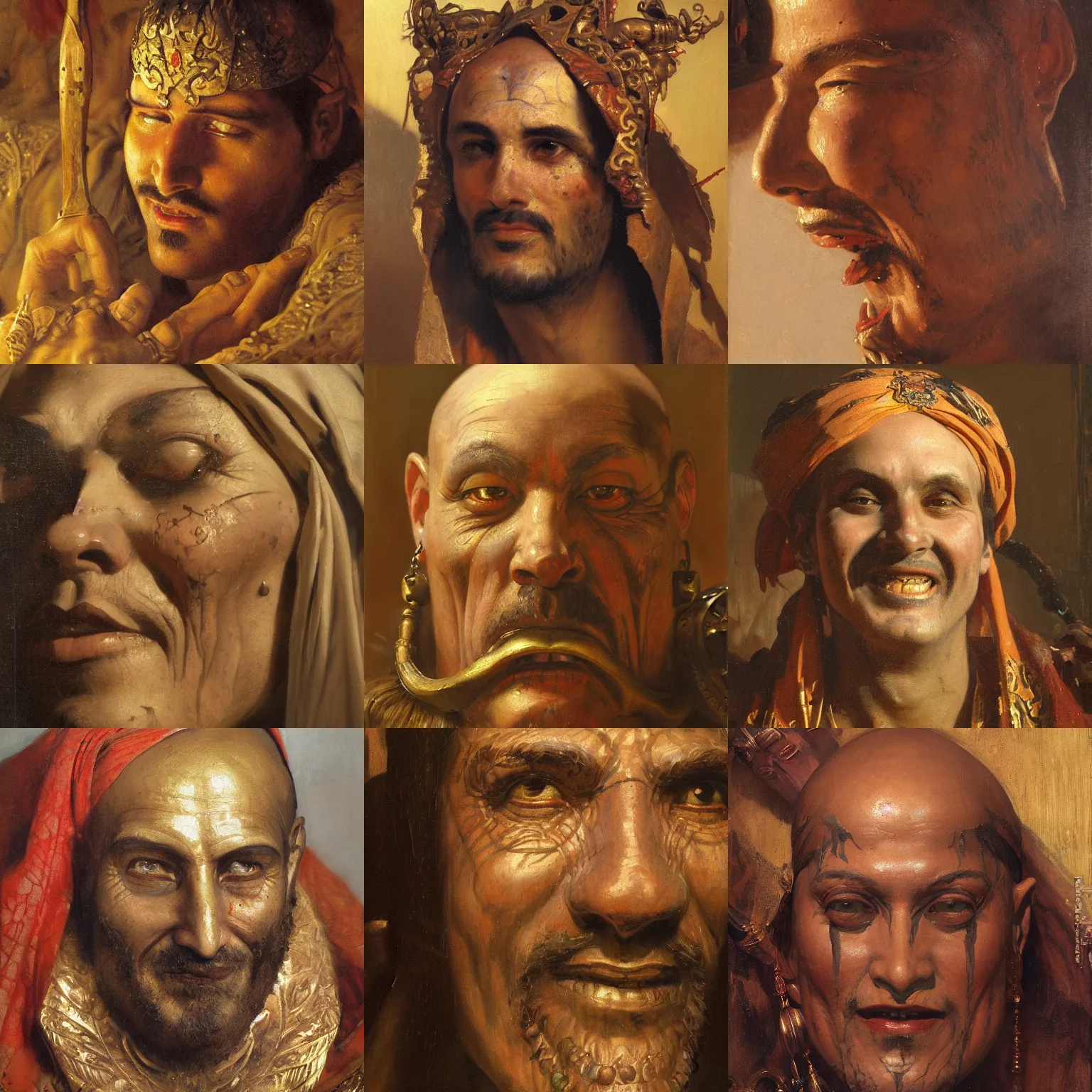 Prompt: orientalism painting of a smirking necromancer face detail by theodore ralli and nasreddine dinet and anders zorn and edwin longsden long, bronze age, sword and sorcery, oil on canvas, masterful intricate artwork, excellent lighting, high detail 8 k