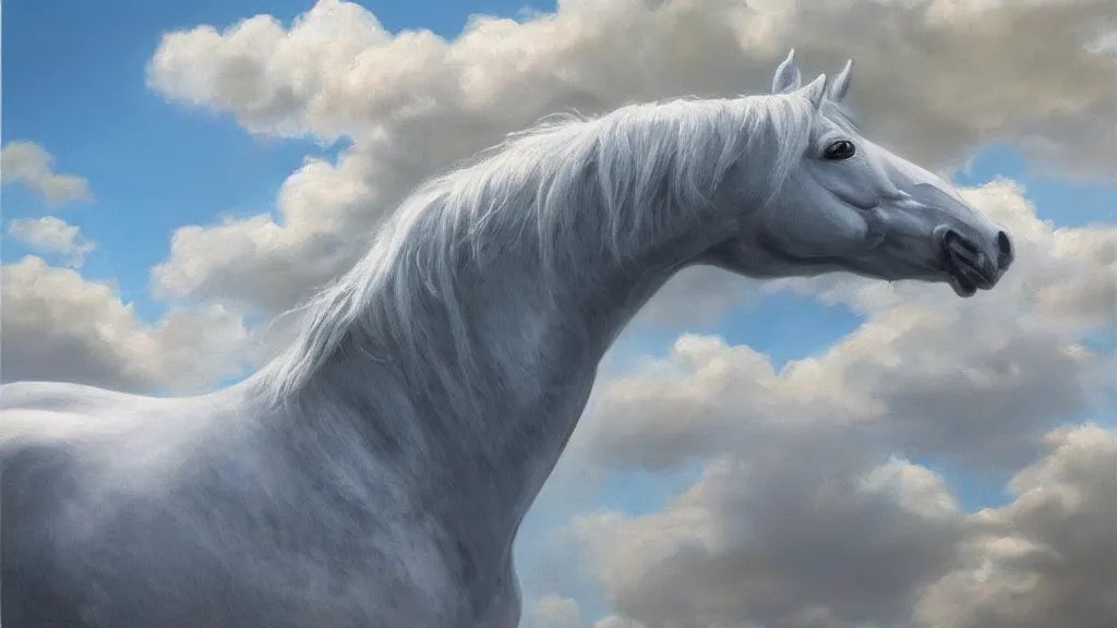 Prompt: very realistic oil painting of horse made of clouds , beautiful, highly detailed, masterpiece, next to a small crystal clear river, Hearthstone style