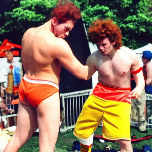 Image similar to Ronald McDonald vs Kurger Bing backyard wrestling, 35mm film