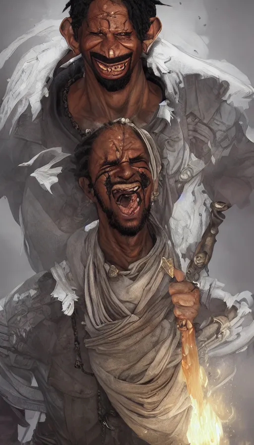 Image similar to underground stree thug, man, grills, vitiligo, energetic, laughing, fit, warhammer, lord of the rings, sweaty, intricate, highly detailed, digital painting, artstation, concept art, smooth, sharp focus, illustration, unreal engine 5, 8 k, art by artgerm and greg rutkowski and alphonse mucha