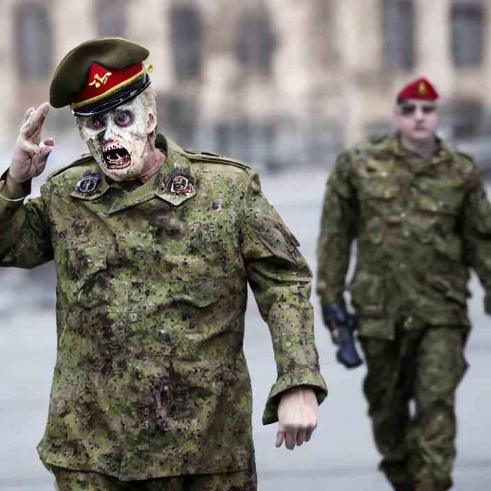 Prompt: dramatic photo of zombie donald trump wearing a military general uniform like those worn in russia, bokeh