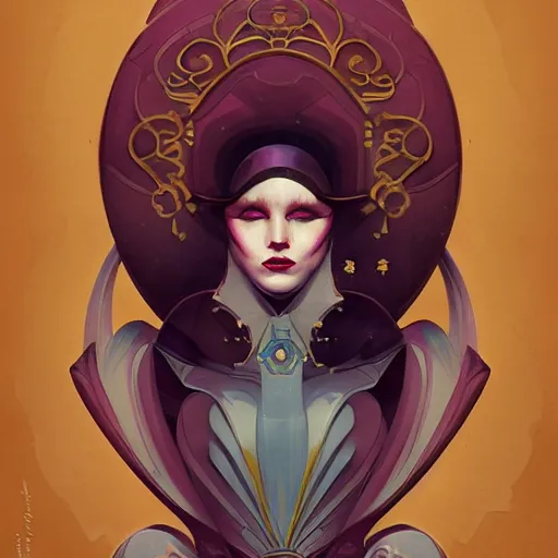 Prompt: portrait of a victorian duke, girl with a stylized mask, curvy, royal style, elite, gold, art deco, symmetry, stylized illustration by peter mohrbacher, moebius, victo ngai, vivid colorful comic style, line sleek, diesel punk