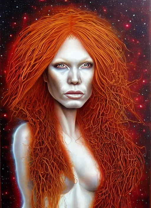 Image similar to biopunk ethereal ginger cyborg portrait by julie bell, intricate biopunk patterns, detailed!, very sharp!!!