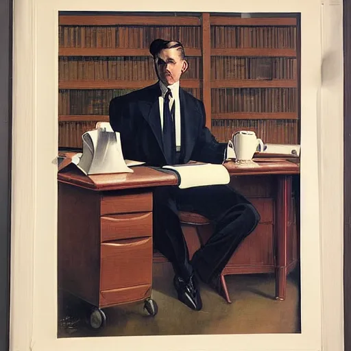 Prompt: man in desk with coffee and black suit by leyendecker and dean cornwell, 8 feet from the camera, 6 0 ´ s bauhaus design futurist furniture