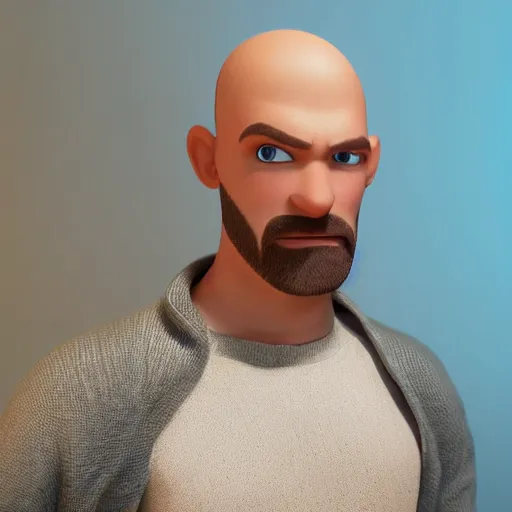 Image similar to handsome thin athletic white man with short buzzed thinning hair, facial stubble and blue eyes posing, depicted as a Pixar character, high quality cg render, 4k