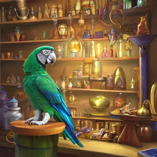 Image similar to Anthropomorphized parrot trader in his shop, shelves full, selling a gem, portrait, items, magic potions, window, warm lamp, fancy hat, sly expression , cunning expression, cute expression, presenting magic gem, D&D, fantasy, cinematic lighting, highly detailed, digital painting, artstation, concept art, smooth, sharp focus, illustration, warm light, cozy warm tint, magic the gathering artwork, volumetric lighting, 8k, no gold, no gold colours, art by Akihiko Yoshida, Greg Rutkowski