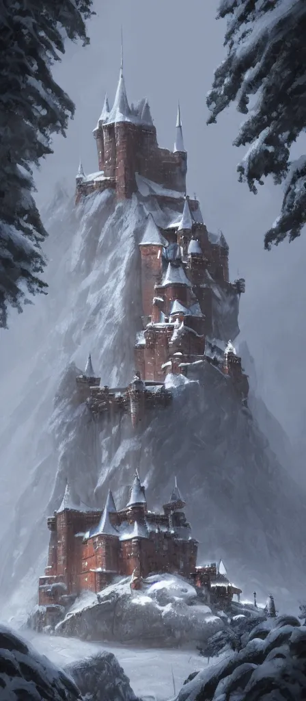 Image similar to a painting of a castle in the middle of a snowy mountain, a detailed matte painting by andreas rocha and greg rutkowski, featured on artstation, fantasy art, matte drawing, matte painting, artstation hq