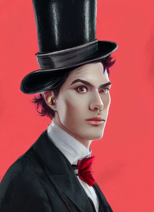 Image similar to a highly detailed illustration of stylish top hat wearing red haired attractive man, wearing suit vest, flashy leaning back pose, intricate, elegant, highly detailed, centered, digital painting, artstation, concept art, smooth, sharp focus, league of legends concept art, WLOP