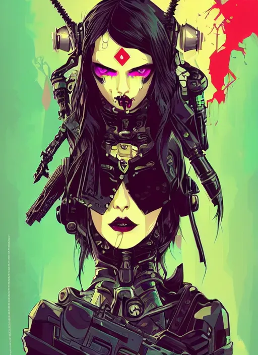 Image similar to beautifull goth maiden, cute face. warhammer, cyberpunk, artstation, art by petros afshar, tom whalen, laurie greasley and greg rutkowski and ilya kuvshinov