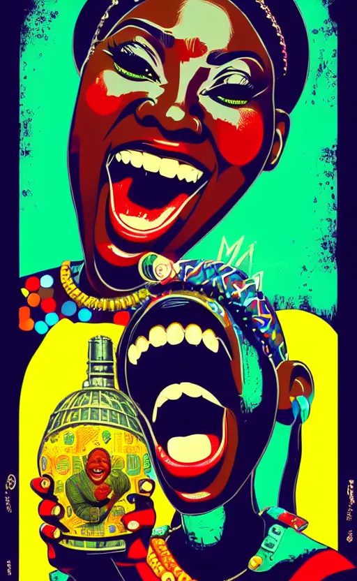 Prompt: mama africa laugh at her child!!! pop art, pixel, bioshock, gta chinatown, artgerm, richard hamilton, mimmo rottela, julian opie, aya takano, intricate, object separated