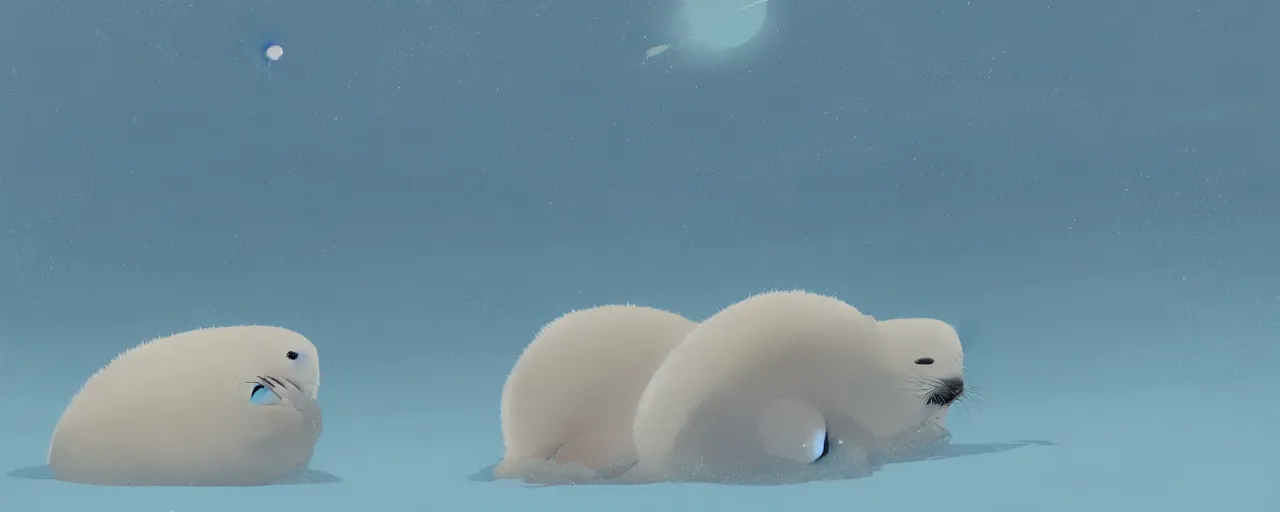 Prompt: a baby harp seal and mother on an ice flow, atey ghailan, goro fujita, studio ghibli, rim light, exquisite lighting, clear focus, very coherent,