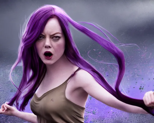 Image similar to purple-haired Emma Stone, epic knife battle pose, cinematic, 4k, hyper realistic, super detailed