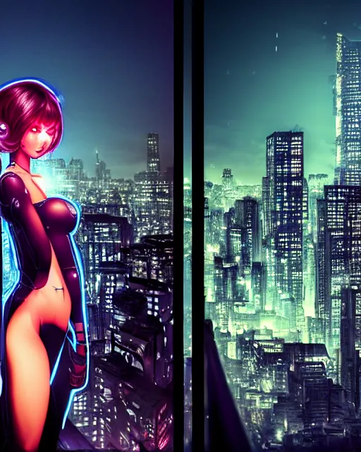 Prompt: a night rooftop scene by Liam Wong, close shot of a photorealistic beautiful half cyborg woman by Artgerm and NeoArtCorE on the rooftop looking at the city below, close shot of a photorealistic beautiful half cyborg woman by Artgerm and NeoArtCorE on the rooftop looking at the city below, the half cyborg woman is wearing a long trench coat