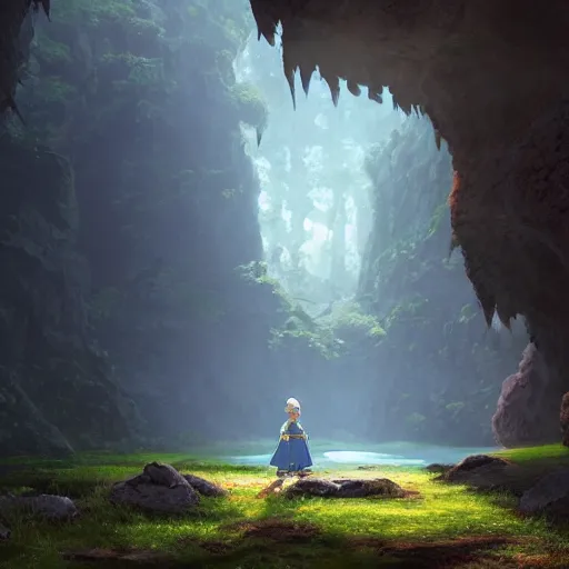 Image similar to beautiful painting of Entrance to a dungeon at the base of an ancient mountain in the morning light, in the style of Studio Ghibli, by Hayao Miyazaki. Octane Render, Unreal Engine, PBR, realistic lightning