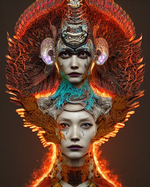 Prompt: 3 d warrior goddess medium shot portrait. beautiful hyperrealistic intricate highly detailed magpie helm and richly embroidered blouse, quetzalcoatl, bioluminescent, curious, kintsugi, plasma, lava, ice, feather, artwork by tooth wu and wlop and chiara bautista, octane 3 d render