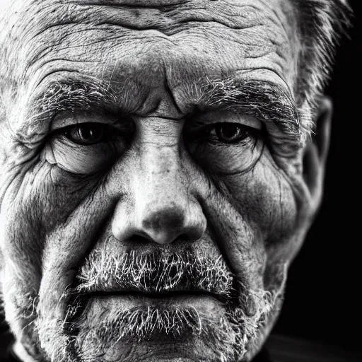 Prompt: symmetrical, close up face portrait of old man, scowling, studio lighting, depth of field, photography, black and white, highly detailed