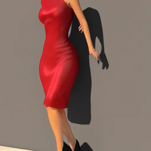 Prompt: woman, red short dress, black hair, by milo manara, 3 d render, red high heels, face, house, high - poly