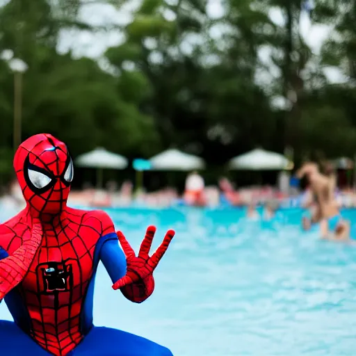 Prompt: 85mm photo of Spider-Man as a life guard at a public pool, dslr photograph