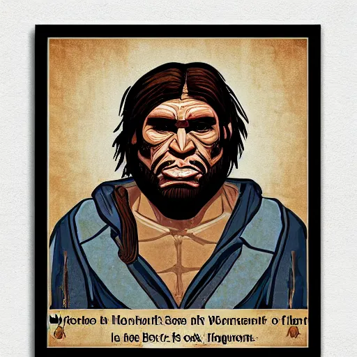 Image similar to saint homo neanderthalis portrait poster with book of science on his right hand, gta chinatown wars art style, bioshock infinite art style, hyperrealistic, two colors, paper border, 4 k, remove duplicate content, justify contents center.