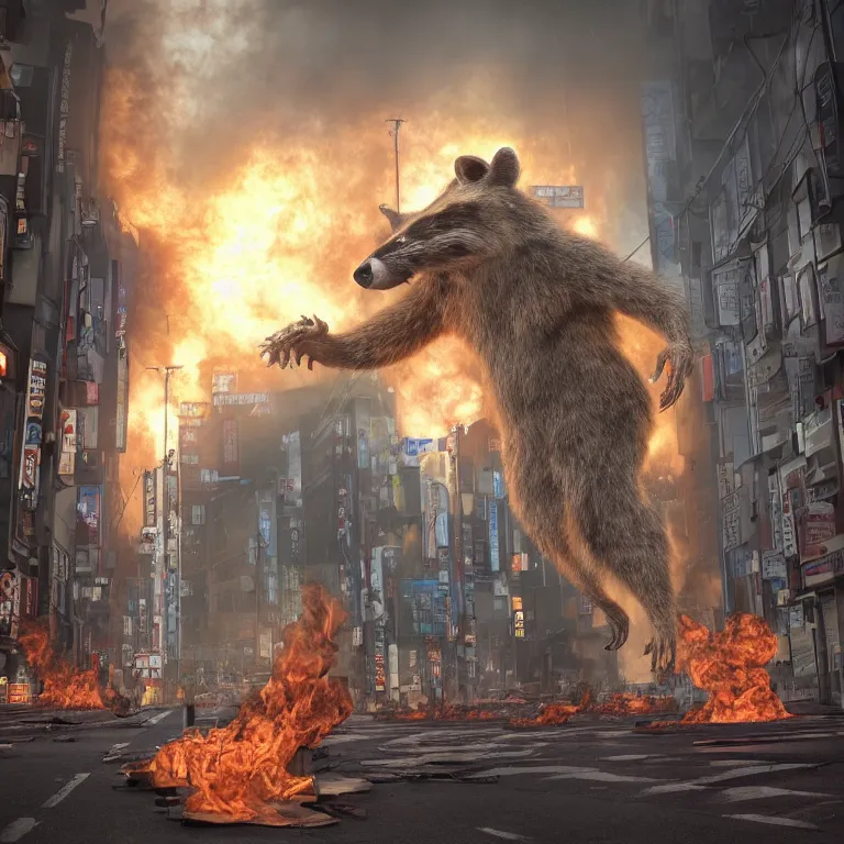 Prompt: wide angle octane render by wayne barlow and carlo crivelli and glenn fabry, a giant raccoon kaiju inside the burning streets of tokyo, cinema 4 d, ray traced lighting, very short depth of field, bokeh