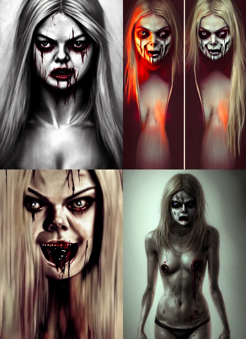Image similar to gorgeous female Samara Weaving, horror movie slasher, slasher movie, realistic character concept, full body shot, violent pose with knife in hand, creepy evil smile, shorter neck, illustration, symmetrical face and body, realistic eyes, artstation, cinematic lighting, hyperdetailed, detailed realistic symmetrical eyes, face by artgerm, symmetrical nose, cgsociety, trees, forest, 8k, high resolution, Charlie Bowater, Tom Bagshaw, single face, insanely detailed and intricate, beautiful, elegant, vfx, postprocessing