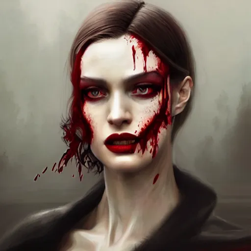 Prompt: portrait of daria strokous in bloody business suit, blood red eyes, vampire fangs, fantasy, intricate, elegant, highly detailed, digital painting, art by aenaluck and roberto ferri and greg rutkowski, epic fantasy, digital painting