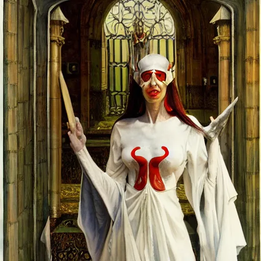 Image similar to portrait of a priestess, wearing all - white clothes, and a red helmet, by gerald brom, donato giancola, and berthold woltze.