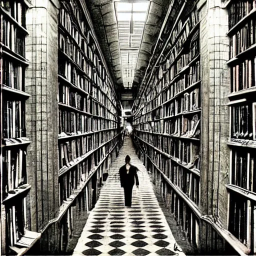 Prompt: “lost in a labyrinth that is Powell’s City of Books. Creepy liminal photo. Hyperrealistic, Photo taken by M.C. Escher. benchmark resolution photo”