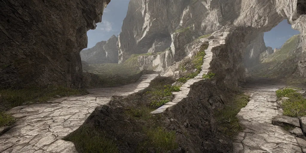 Image similar to narrow path between two mountains unreal engine render