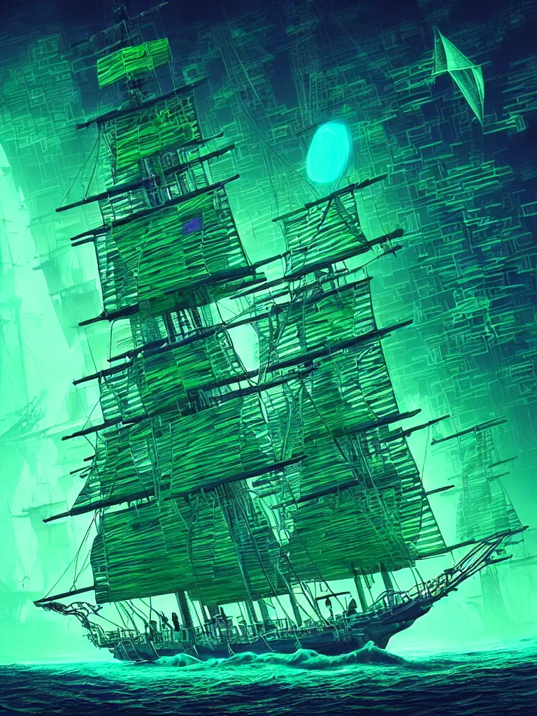 Prompt: an epic looking cyberpunk pirate ship with neon sails, sailing in ocean waves made of neon green and teal matrix code, highly detailed digital by rob gonsalves, intricate, hyperrealistic, fantasy sci - fi, volumetric lighting, neon ambiance, bright colors, lens flare, 6 point perspective