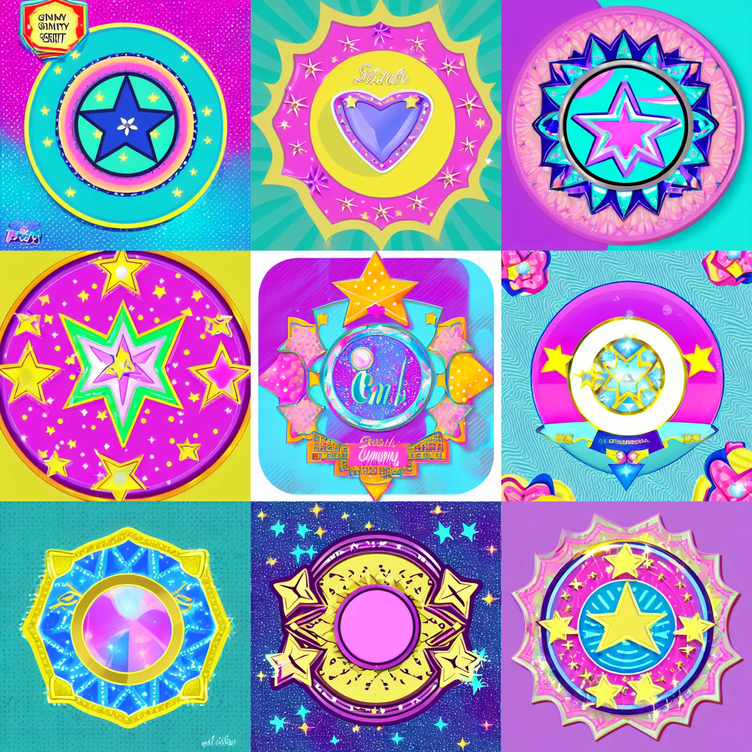 Prompt: 🌟 girly star icon designed by lisa frank, vector graphics forum badge, svg, symmetrical, transparent background, cute, metal, enamel, cloissonne, vintage, guilloche, gem stones, gilt, swarovski, circular