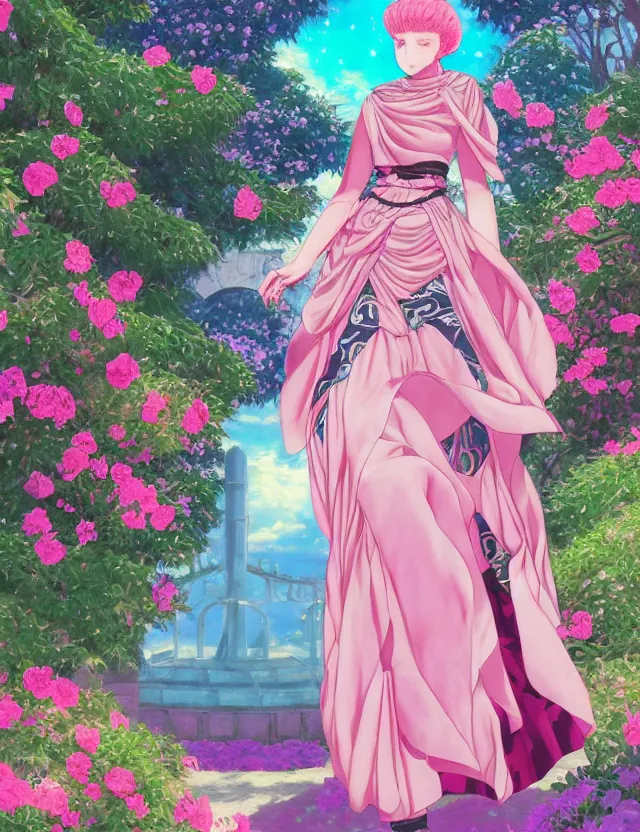 Prompt: middle eastern scifi princess at the rose garden, wearing a lovely dress with vaporwave details. this oil painting by the award - winning mangaka has an interesting color scheme and impeccable lighting.