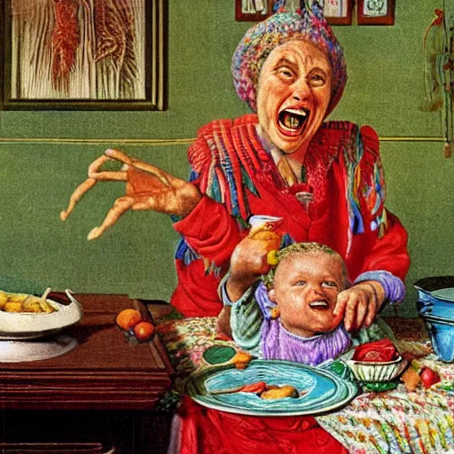 Image similar to hyper realistic hight detailed grandmother with a big mouth eating a baby on the table in the russian kitchen, style by ernst haeckel, bright colors