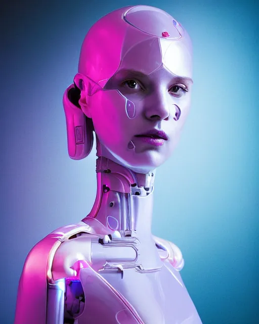 Image similar to natural light, soft focus portrait of a cyberpunk anthropomorphic female robot with soft synthetic pink skin, blue bioluminescent plastics, smooth shiny metal, elaborate ornate head piece, skin textures, by annie leibovitz, paul lehr