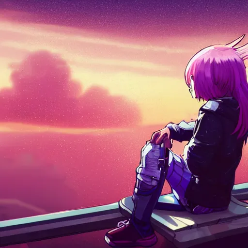 Prompt: android mechanical cyborg anime girl child overlooking overcrowded urban dystopia sitting. Pastel pink clouds baby blue sky. Gigantic future city. Raining. Makoto Shinkai. Wide angle. Distant shot. Purple sunset. Sunset ocean reflection. Pink hair. Pink and white hoodie. Cyberpunk. featured on artstation. robotic wired knee pivot. white sweater. flooded.