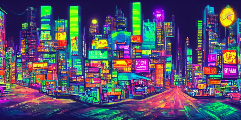 Image similar to cityscape covered with neon billboards and dark streets, cartoon