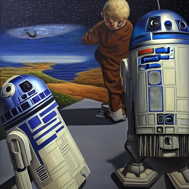 Prompt: an oil on canvas portrait painting of r 2 d 2, surrealism, surrealist, cosmic horror, rob gonsalves, high detail