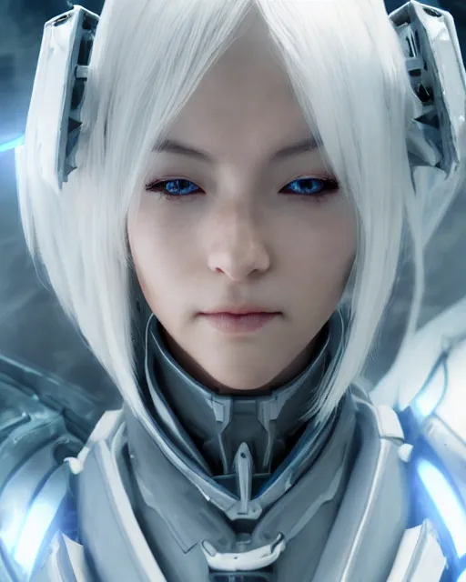 Image similar to perfect white haired girl, warframe armor, beautiful, dreamy, half asian, pretty face, blue eyes, detailed, sunny day, scifi platform, front lit, laboratory, experiment, 4 k, ultra realistic, epic lighting, cinematic, high detail, masterpiece, by masayoshi tanaka, akihiko yoshida, kazuya takahashi