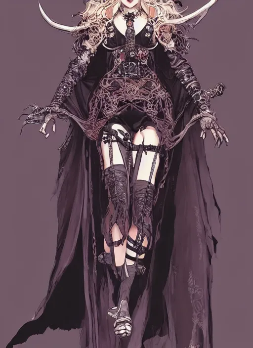 Image similar to beautiful human witch with blonde short curtly hair in intricate ornate witch robe, haughty evil look, witch hat. in style of yoji shinkawa and hyung - tae kim, trending on artstation, dark fantasy, great composition, concept art, highly detailed, dynamic pose.