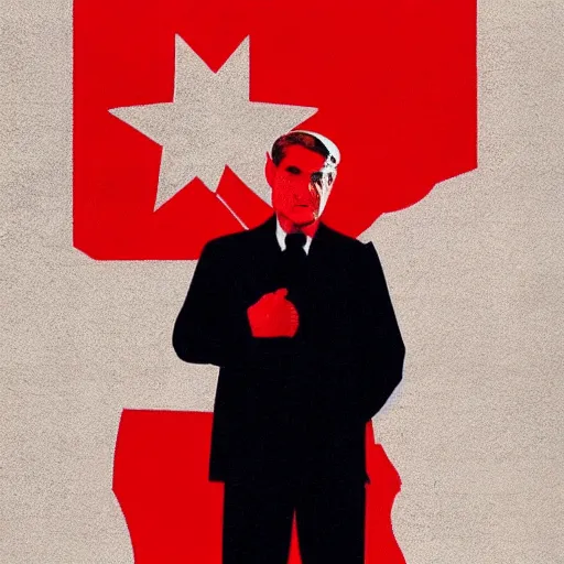 Prompt: minimalist soviet propaganda of robert mueller!!! standing with folded arms, polish movie poster