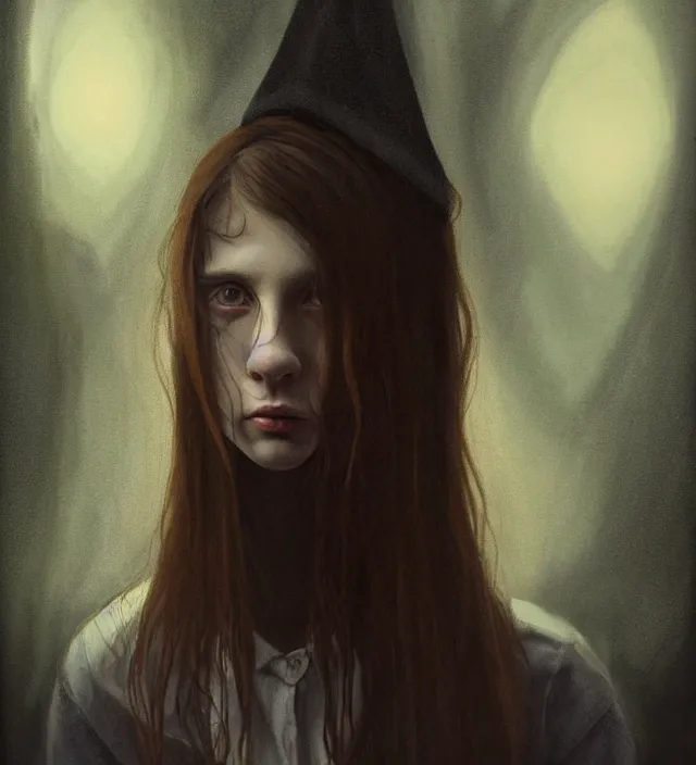 Image similar to portrait of shy american teenage fantasy witch, grzegorz rutkowski, symmetry, deep dark forest, dramatic lighting, moody, directional lighting, awkward, intelligent, contemplative, frizzy brown hair, volumetric lighting, symmetrical face, pale scottish girl, nervous, art by alasdair gray, brown hair, sad blue eyes, trending on artstation