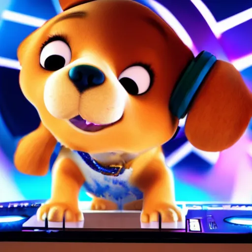 Image similar to puppy as a DJ, 8k, by Pixar