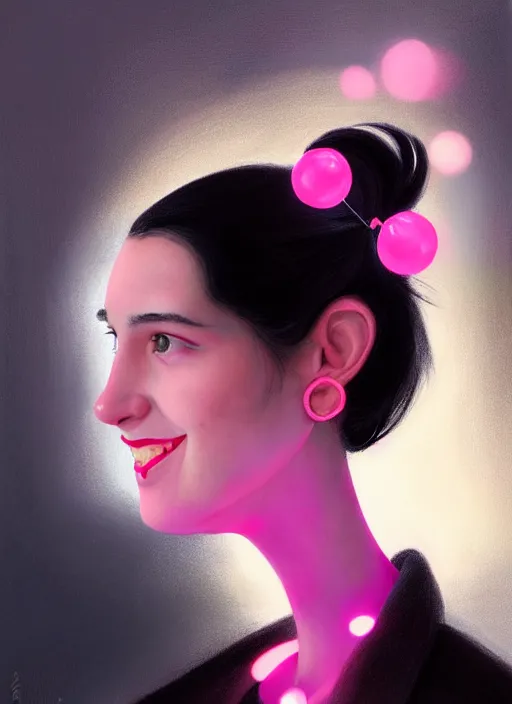 Image similar to portrait of high school girl, realistic, black hair, bangs, half updo hairstyle, pointy nose, skinny, smile, ugly, defined jawline, big chin, pink hair bow, earrings, intricate, elegant, glowing lights, highly detailed, digital painting, artstation, sharp focus, illustration, art by wlop, mars ravelo and greg rutkowski