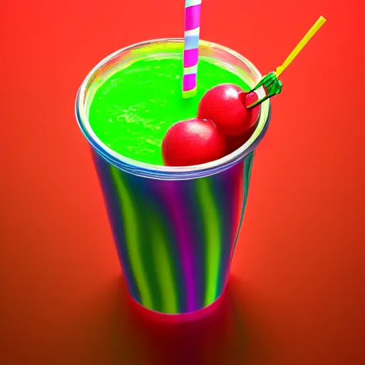 Image similar to cherry limeade smoothie in a big gulp cup, intricate complexity, neon rainbow drip paint, trending on art station, photoreal, surrealist neon drip, 8 k, octane render